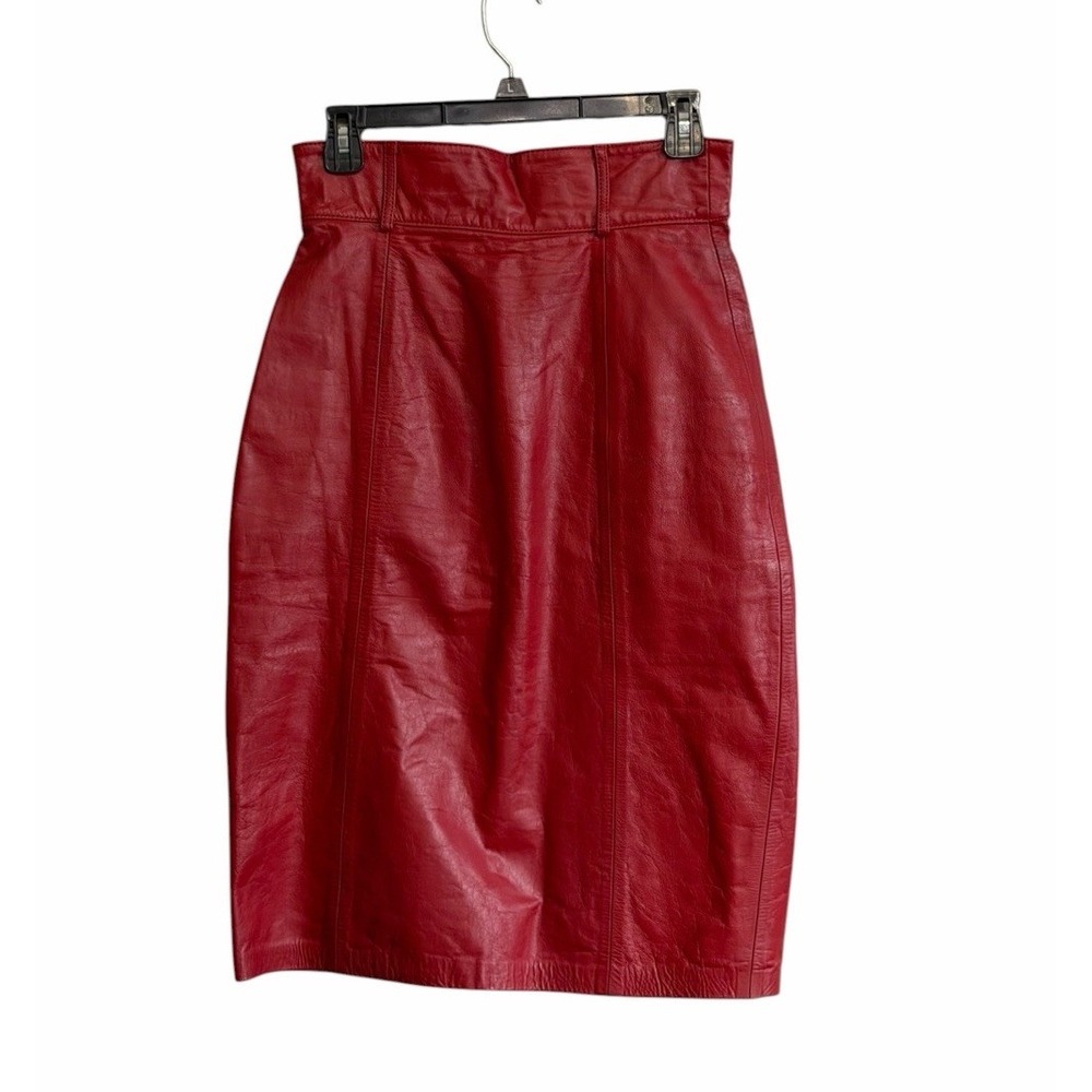 Vtg Red Leather Midi Pencil Skirt Small High Waisted Luxury Statement 80's
